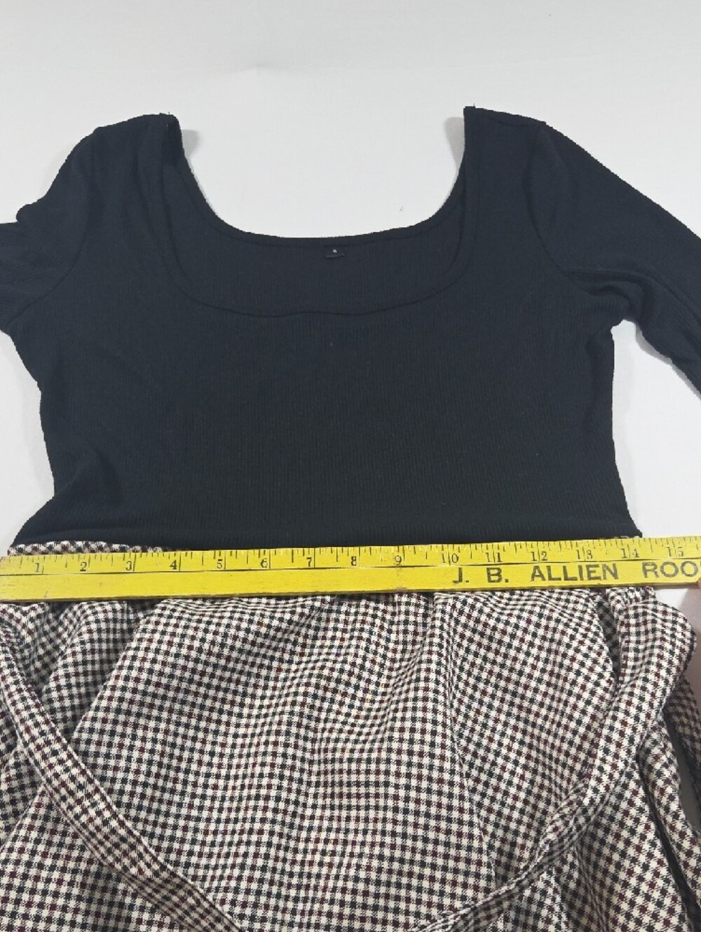 Black & White Gingham Circle Skirt Skater Dress Mini Jersey Bodice Long Sleeve - Picture 10 of 13